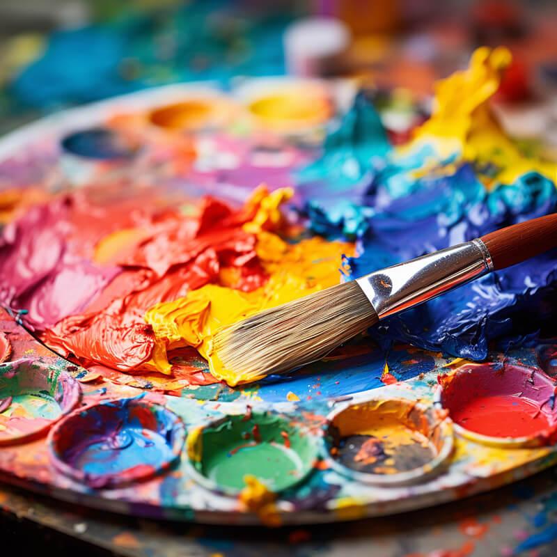 A paint pallet with a rainbow of colors and paint brushes 